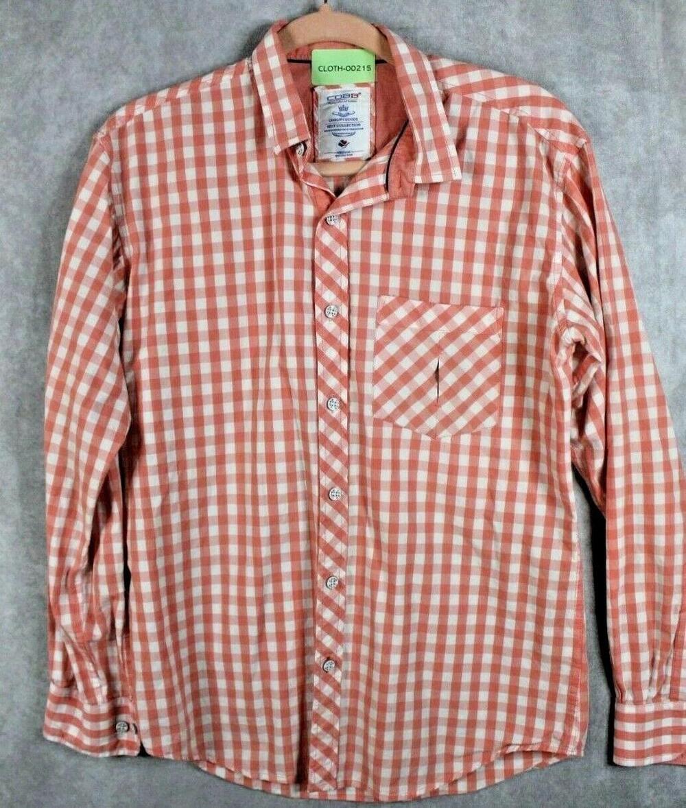 COBB Shirt Mens M Orange White Check Button Up Long Sleeve Cotton Made In Italy